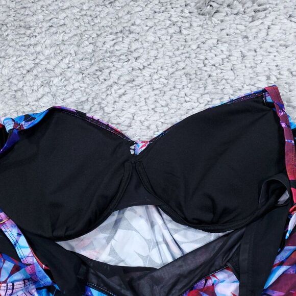 Swimsuits For All 24D/DD Tie Front Underwire Tankini Top Red Blue Palm - Picture 5 of 6